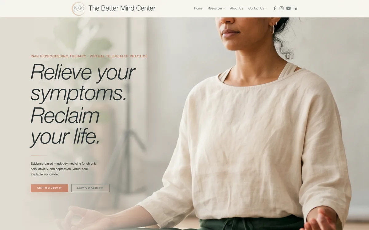 The Better Mind Center homepage, showing the hero headline and booking calls to action.