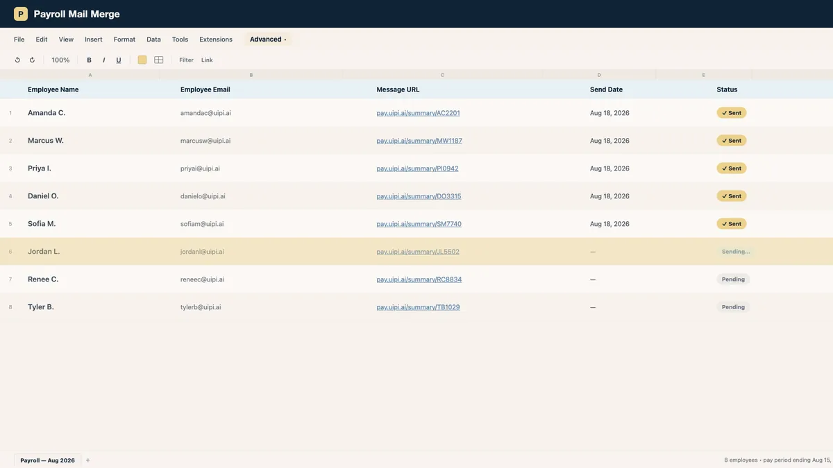 A mail merge sheet showing per-recipient message links and sent, sending, and pending statuses.