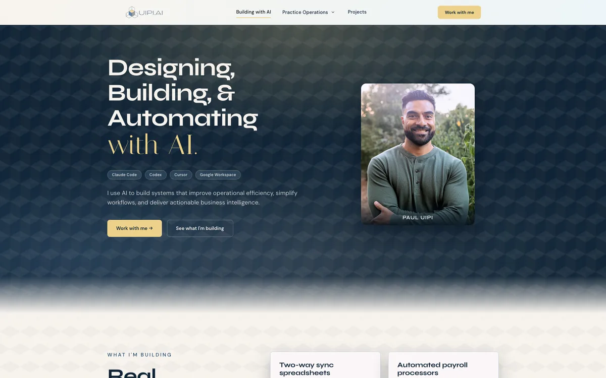 The uipi.ai homepage, showing the hero headline and founder portrait.